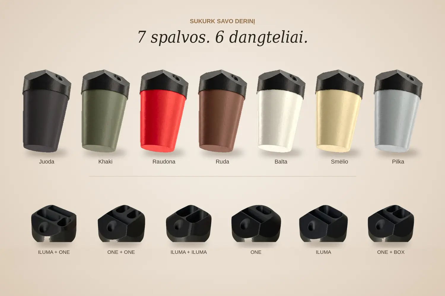 7 spalvos, 6 dangteliai Universalus kaitinamojo tabako įrenginio laikiklis – 7 korpuso spalvos ir 6 dangteliai